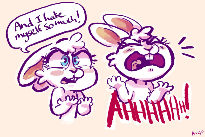 2015 anthro blue_eyes blush blush_stickers borderless_panel buckteeth bunny_(zoobe) english_text female fur handsomehugs head_tuft lagomorph leporid mammal pink_inner_ear rabbit screaming solo speech_bubble teeth text tuft white_body white_fur