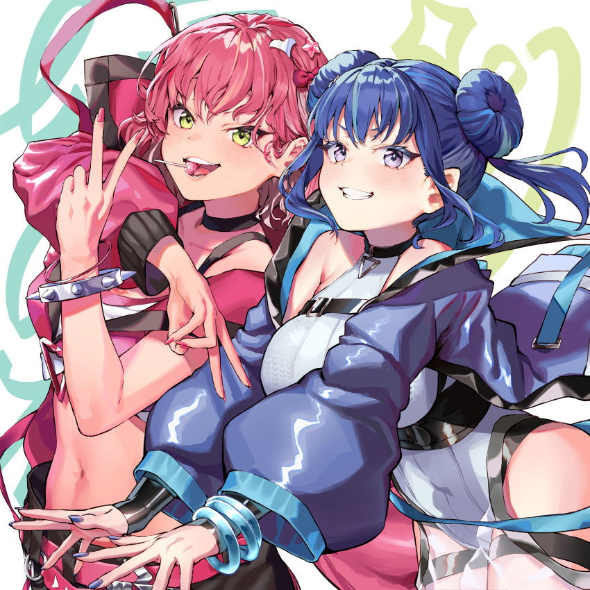 2girls absurdres black_cola blue_hair blue_nails bracelet breasts candy commission crossed_arms double_bun duel_monster evil_twin_ki-sikil evil_twin_lil-la food green_eyes hair_bun hair_ornament heart heart_hair_ornament highres jacket jewelry ki-sikil_(yu-gi-oh!) leotard lil-la_(yu-gi-oh!) lollipop long_sleeves midriff multiple_girls navel official_alternate_costume open_clothes open_jacket open_mouth pink_hair purple_eyes short_hair single_sleeve skeb_commission spiked_bracelet spikes teeth yu-gi-oh!