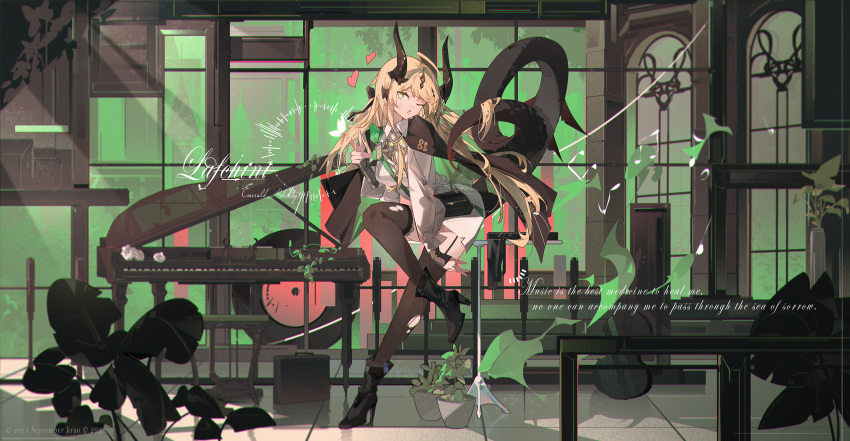 1girl ;o absurdres arknights artist_name black_bag black_footwear black_jacket black_thighhighs blonde_hair boots collared_shirt dragon_girl dragon_horns dragon_tail english_text garter_straps green_eyes heart high_heel_boots high_heels highres horns instrument jacket jacket_on_shoulders krao long_hair long_sleeves looking_at_viewer mixed-language_commentary musical_note official_alternate_costume one_eye_closed open_mouth piano plant potted_plant reed_(arknights) reed_(emerald_holiday)_(arknights) shirt solo suitcase tail thighhighs torn_clothes torn_thighhighs twirling_hat very_long_hair white_shirt wide_shot window