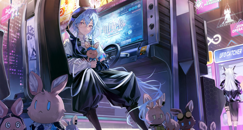 1boy 1girl arcade arcade_cabinet arknights baggy_pants black_hoodie black_jacket black_pants blue_hair commentary courier_(arknights) english_text facing_away feet_out_of_frame hair_ornament hairclip highres hood hood_up hoodie indoors jacket kal'tsit_(arknights) lappland_(arknights) long_hair looking_at_viewer lumen_(arknights) mizuki_(arknights) pants purple_eyes rhine_lab_logo rhodes_island_logo sanse_(sssei_33) see-through see-through_sleeves sitting sleeveless sleeveless_hoodie solo_focus stairs very_long_hair white_hair white_sleeves