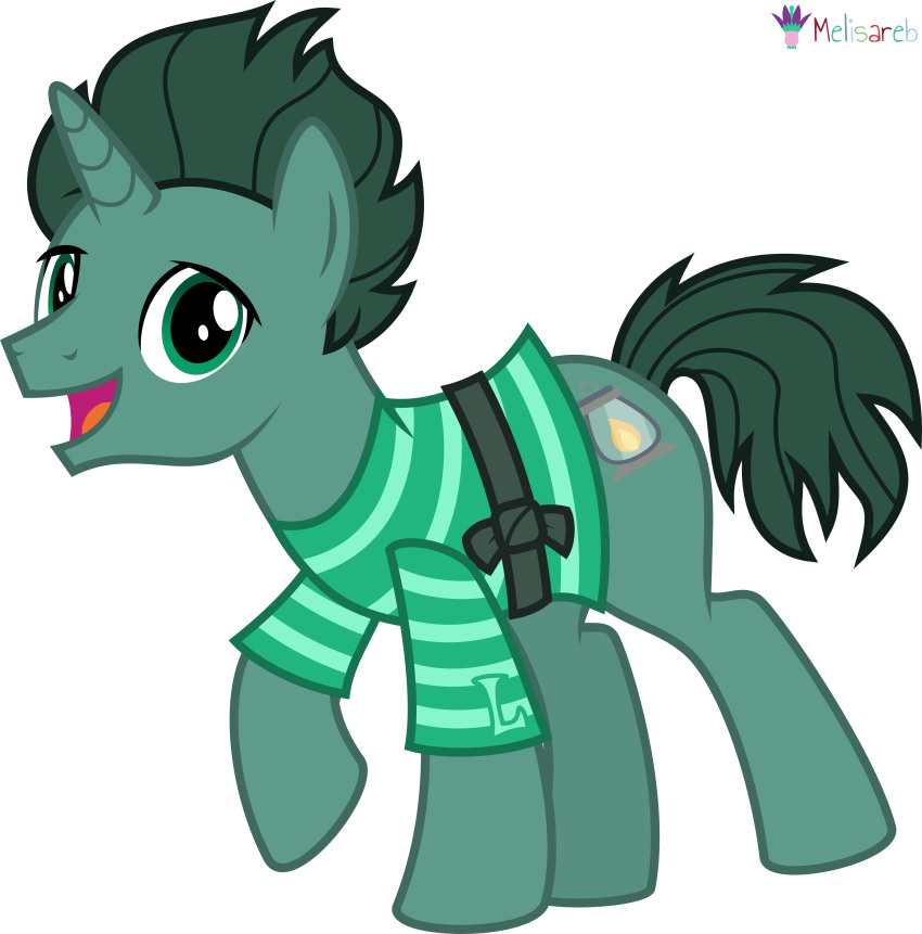 2023 absurd_res alpha_channel alphabet_(mike_salcedo) brown_eyes clothing equid equine feral green_body green_clothing green_hair green_shirt green_topwear hair hasbro hi_res hooves horn l_(mike_salcedo) looking_at_viewer male mammal melisareb my_little_pony open_mouth open_smile pattern_clothing pattern_shirt pattern_topwear raised_hoof shirt signature simple_background smile solo striped_clothing striped_shirt striped_topwear stripes topwear transparent_background unicorn