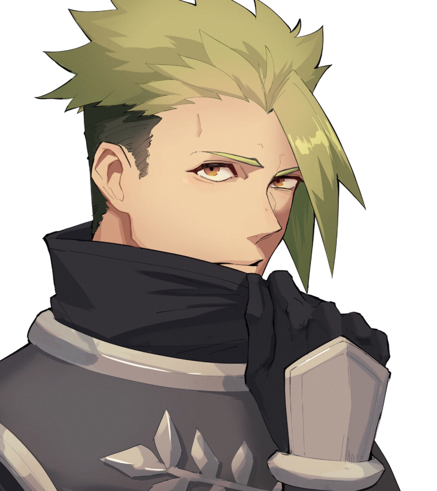 1boy achilles_(fate) armor brown_eyes clenched_hand closed_mouth fate/apocrypha fate_(series) from_side gauntlets haruakira highres looking_at_viewer male_focus mature_male portrait shirt_grab short_hair sideburns simple_background solo turtleneck undercut white_background