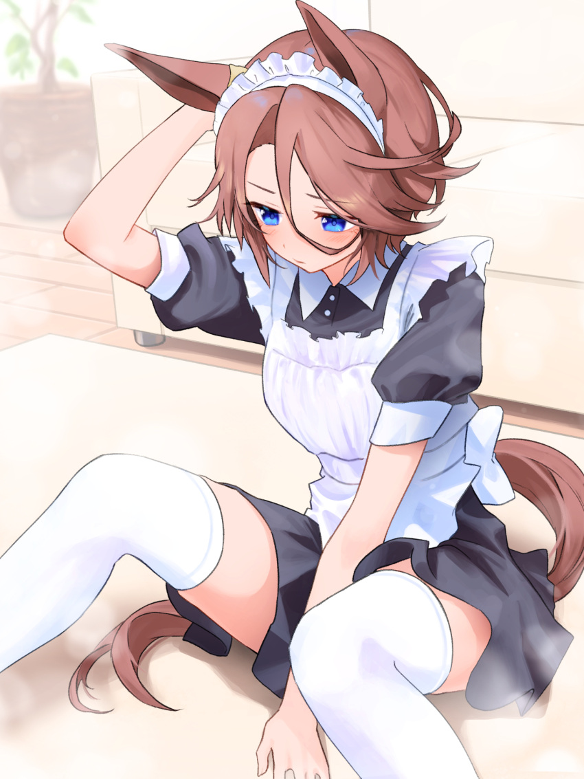 1girl alternate_costume animal_ears apron black_dress blue_eyes blush brown_hair dress enmaided feet_out_of_frame frilled_apron frills hair_between_eyes highres horse_ears horse_girl horse_tail katukodx looking_down maid maid_apron maid_headdress narita_taishin_(umamusume) puffy_short_sleeves puffy_sleeves short_hair short_sleeves solo tail thighhighs umamusume waist_apron white_apron white_thighhighs