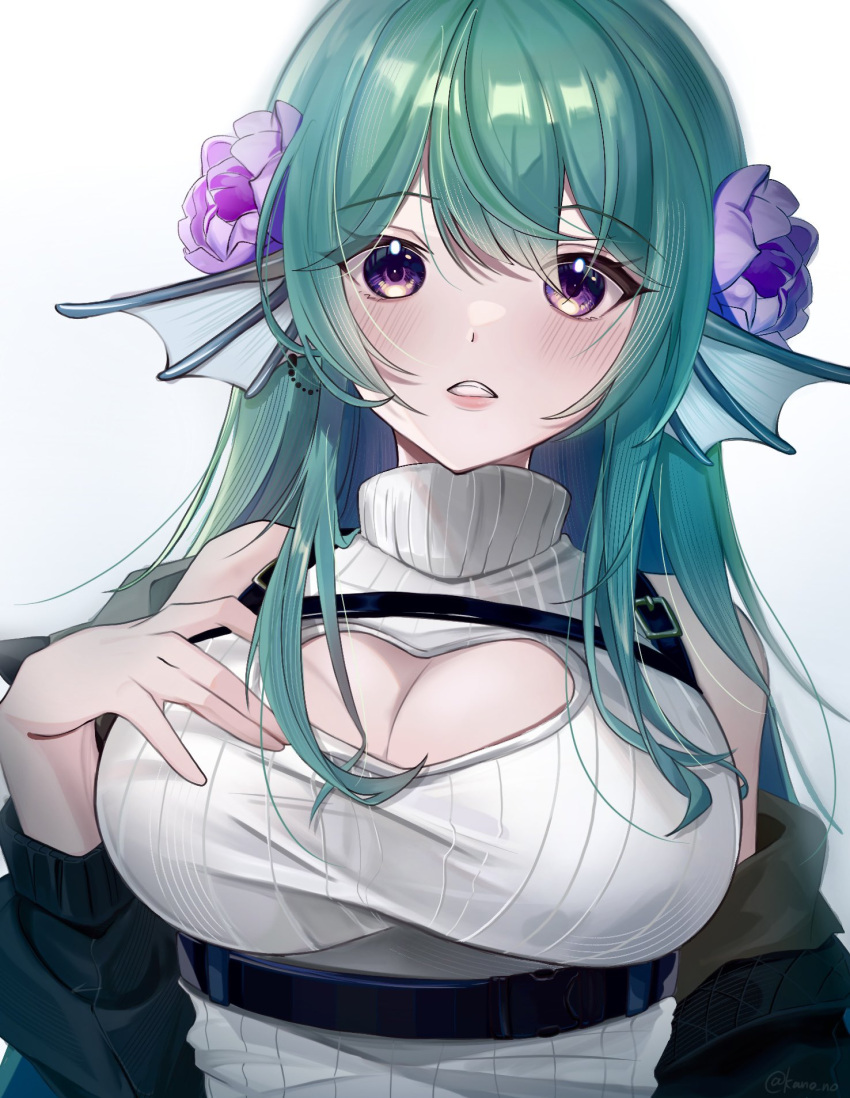 1girl alternate_breast_size bare_shoulders belt breasts cleavage cleavage_cutout clenched_teeth clothing_cutout finana_ryugu fins fish_girl flower framed_breasts green_hair hair_between_eyes hair_flower hair_ornament hand_on_own_chest head_fins heart_cutout highres jacket kano3 long_hair looking_at_viewer nijisanji nijisanji_en open_clothes open_jacket parted_lips purple_eyes purple_flower ribbed_sweater simple_background sleeveless sleeveless_sweater sleeveless_turtleneck solo sweater swept_bangs teeth turtleneck turtleneck_sweater upper_body virtual_youtuber white_sweater