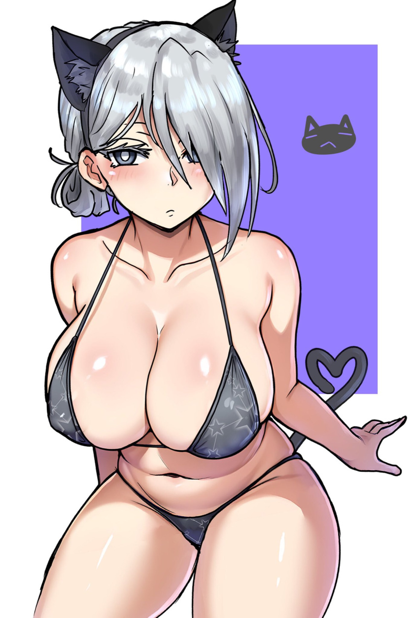 1girl animal_ears bikini black_hairband breasts cat_ears cleavage collarbone commentary cowboy_shot ebora english_commentary fake_animal_ears grey_bikini hairband heart highres large_breasts mina_mathers navel nipples print_bikini simple_background solo star_(symbol) star_print swimsuit toaru_majutsu_no_index toaru_majutsu_no_index:_new_testament white_background