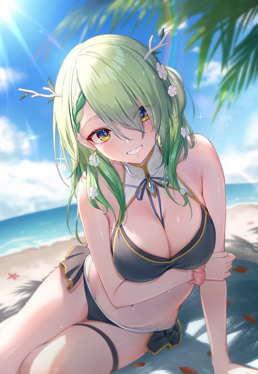 1girl absurdres arm_scrunchie beach beach_towel bikini blue_sky blush breasts ceres_fauna cleavage cloud day flower green_hair grin hair_flower hair_ornament highres hololive hololive_english large_breasts leaning_forward long_hair lying mole mole_under_eye navel on_side outdoors sky smile solo starfish stomach sunlight swimsuit tokisaka_makoto towel virtual_youtuber wet wrist_cuffs yellow_eyes