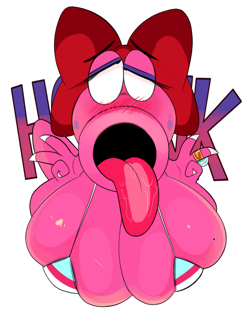 ahegao anthro big_breasts birdo blush bow_(feature) breasts gesture hi_res lgbt_pride looking_pleasured mario_bros mole_on_breast nintendo ota_(artist) pink_body pride_colors solo tongue tongue_out transgender_pride_colors v_sign