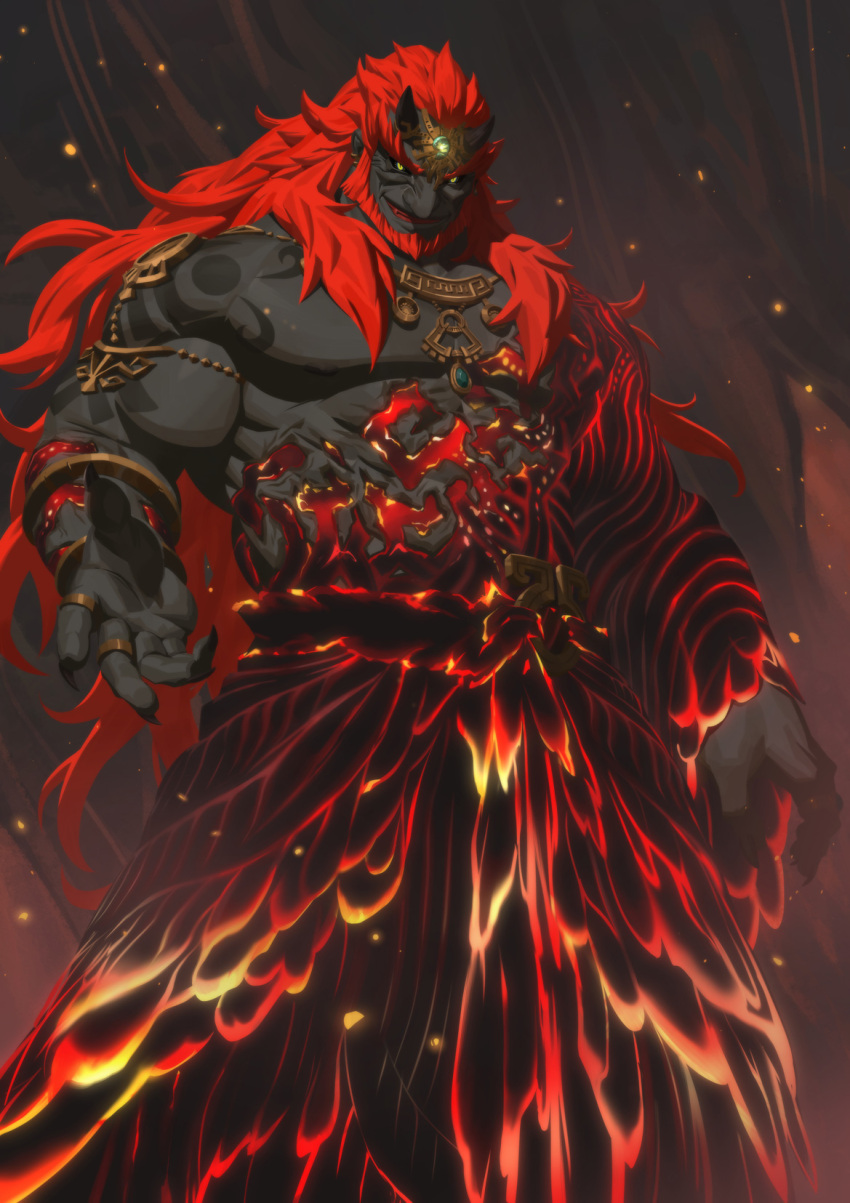 1boy beard black_nails black_sclera black_skin colored_sclera colored_skin earrings facial_hair fingernails forehead_jewel ganondorf grin highres horns jewelry long_hair looking_at_viewer muscular muscular_male nail_polish nesskain pointy_ears red_hair sharp_fingernails shoulder_tattoo smile solo tattoo teeth the_legend_of_zelda the_legend_of_zelda:_tears_of_the_kingdom yellow_eyes