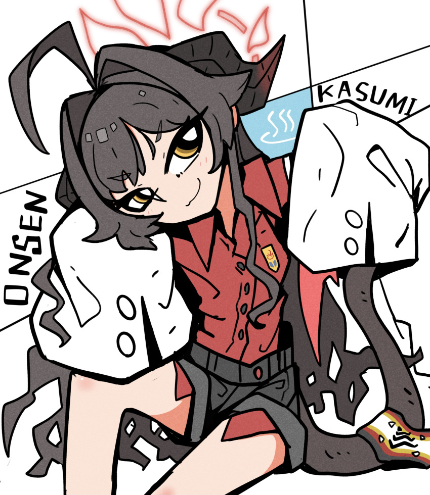 1girl :3 ahoge arm_up black_hair black_shorts blue_archive bright_pupils buttons closed_mouth coat coat_partially_removed collared_shirt commentary_request demon_girl demon_horns demon_tail dress_shirt feet_out_of_frame hair_flaps hair_intakes half-closed_eyes halo hand_on_own_head hand_up head_rest highres horns invisible_chair kasumi_(blue_archive) light_blush looking_at_viewer red_shirt rumford shirt short_eyebrows short_shorts shorts sitting sleeves_past_fingers sleeves_past_wrists smirk solo tail v-shaped_eyebrows white_coat white_pupils yellow_eyes
