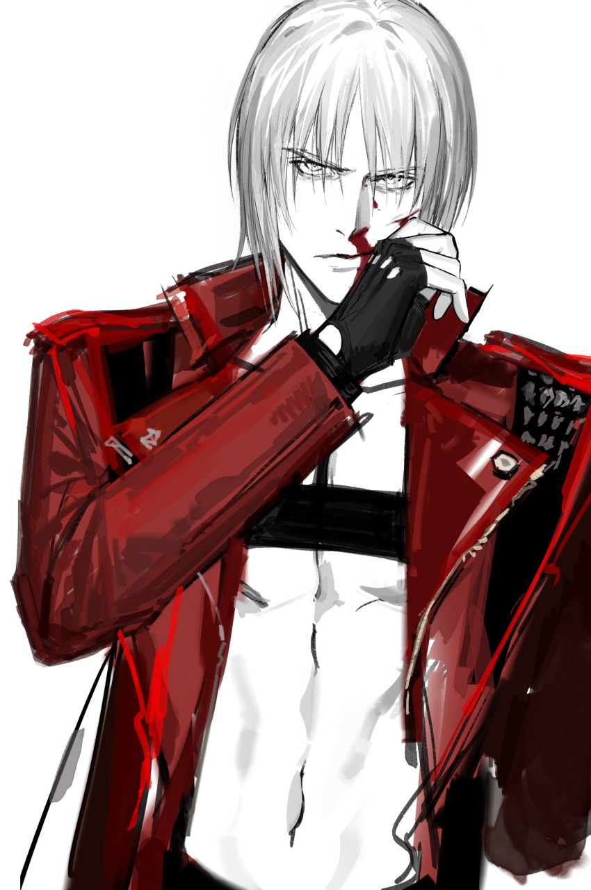 1boy absurdres belt_bra bishounen bleeding blood blood_on_face coat dante_(devil_may_cry) demon devil_may_cry_(series) devil_may_cry_3 highres long_hair looking_at_viewer nosebleed qgailz red_coat solo white_hair