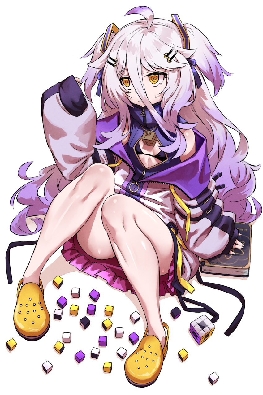 1girl @_@ ahoge black_bra book bra breasts cleavage_cutout clothing_cutout crocs dress gradient_hair grey_hair hair_between_eyes hair_ornament hair_ribbon hairclip haraya_manawari henya_the_genius highres jacket long_bangs long_hair multicolored_hair purple_dress purple_hair purple_jacket purple_ribbon ribbon rubik's_cube sitting sleeveless sleeveless_dress sleeves_past_wrists small_breasts solo two_side_up underwear virtual_youtuber vshojo yellow_eyes yellow_footwear