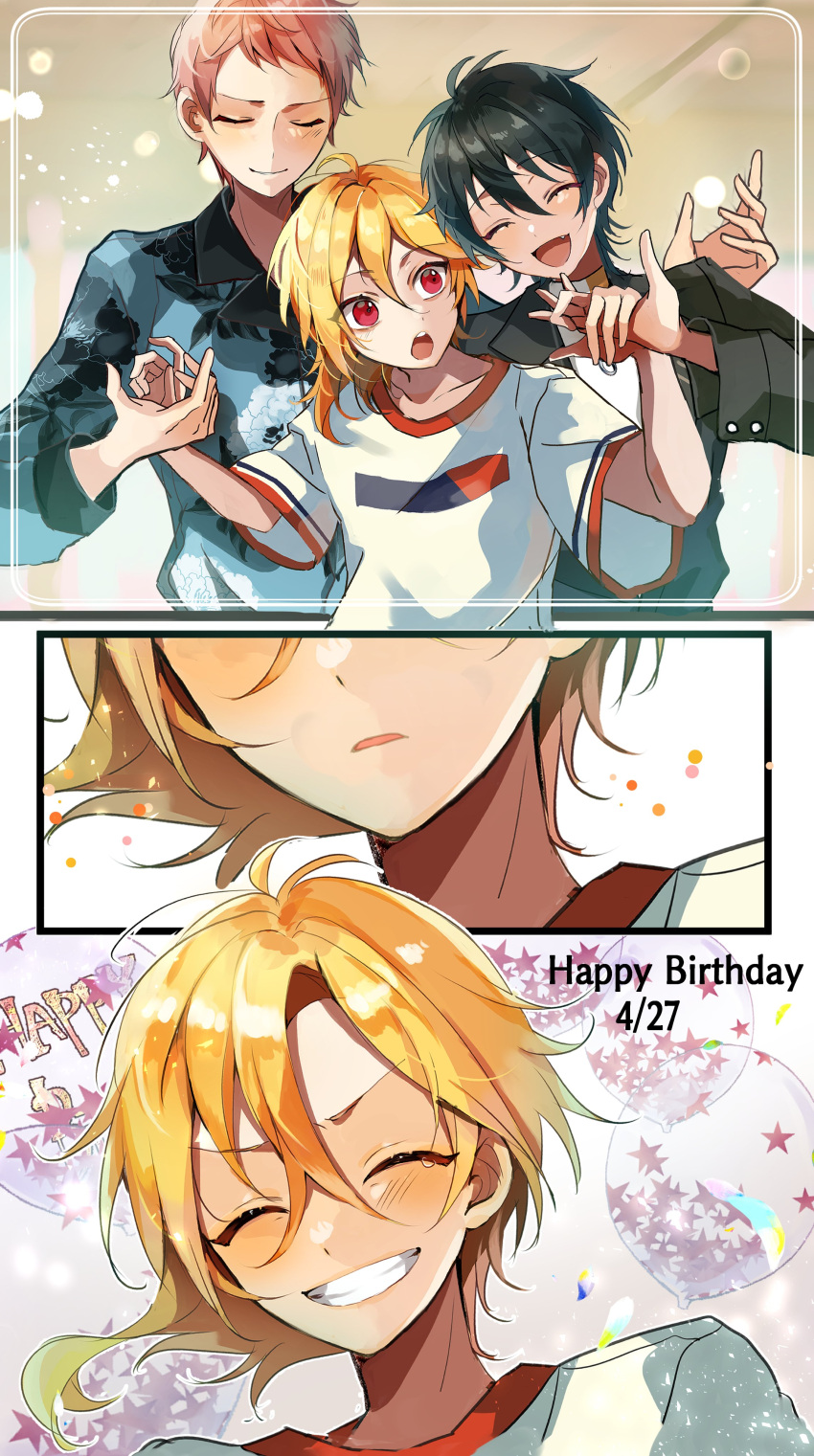 3boys absurdres androgynous black_hair blonde_hair blush closed_eyes closed_mouth dated ensemble_stars! happy_birthday highres holding_hands itsuki_shu kagehira_mika long_sleeves multiple_boys nito_nazuna open_mouth pink_hair red_eyes short_hair short_sleeves usahana101 valkyrie_(ensemble_stars!)