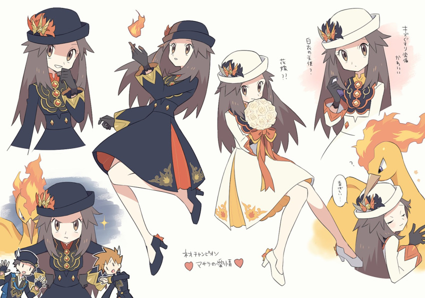 1girl agt_bp black_dress black_footwear black_gloves black_headwear blue_oak blue_oak_(champion) bouquet brown_eyes brown_hair dress fire gloves hat_ornament highres holding holding_bouquet leaf_(champion)_(pokemon) leaf_(pokemon) long_hair moltres pokemon pokemon_(creature) pokemon_(game) pokemon_masters_ex pout red_(champion)_(pokemon) red_(pokemon) ribbon white_dress white_footwear white_headwear