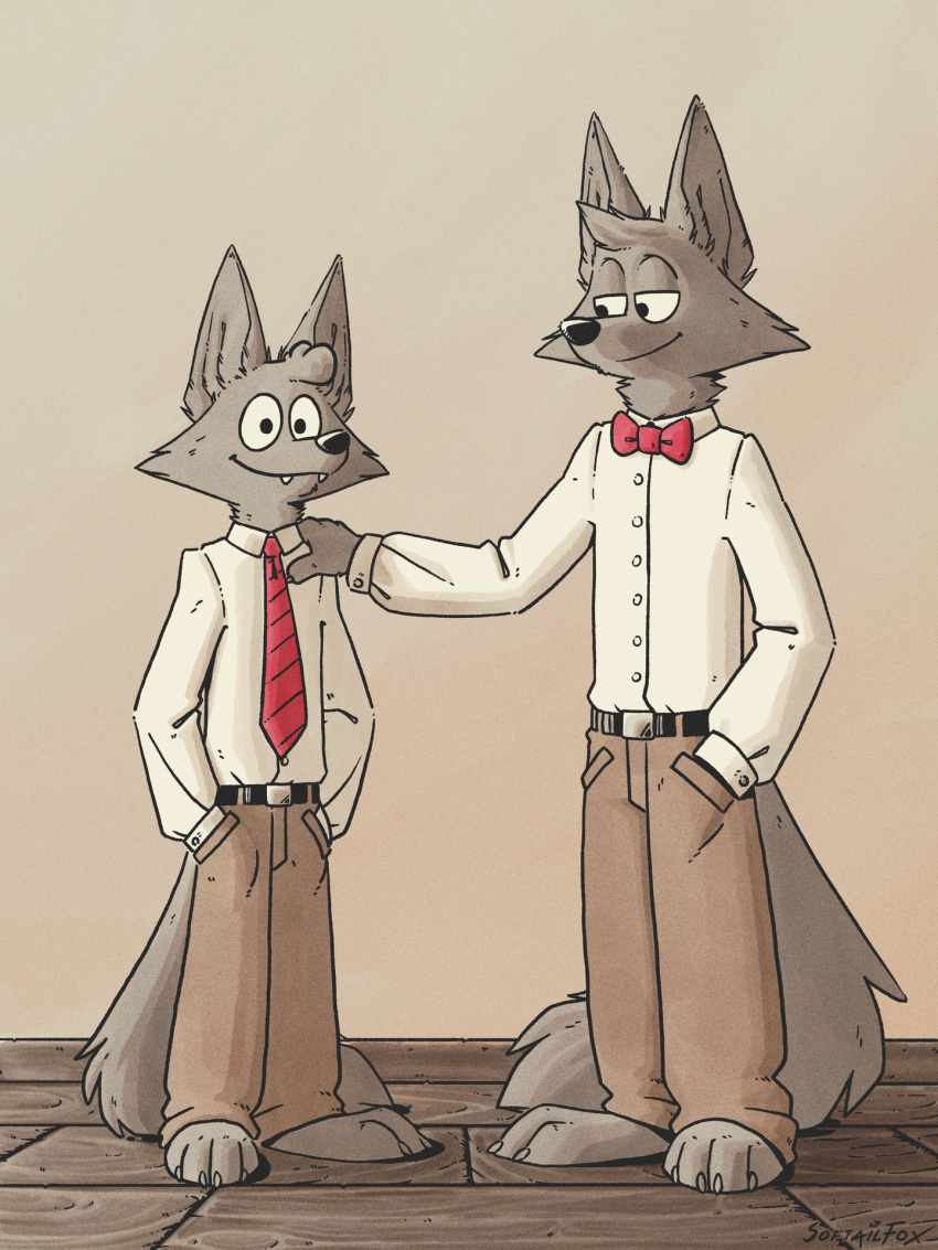 barefoot belt belt_buckle big_ears bottomwear bow_tie brown_bottomwear brown_clothing brown_pants business_attire business_suit businesswear canid canine canis cheek_tuft clothing curled_hair dress_shirt ears_up facial_tuft father father_and_child father_and_son feet fluffy fluffy_tail fur grey_body grey_fur hair hand_on_shoulder head_hair head_tuft hi_res hindpaw khaki_pants long_pants long_tail male mammal neck_tuft necktie office_worker pants parent parent_and_child paws proud red_neckwear shirt softailfox son spiky_hair suit tail tan_bottomwear tan_clothing tan_pants topwear tuft white_clothing white_shirt white_shirt_collar white_shirt_cuffs white_topwear wolf wood_floor