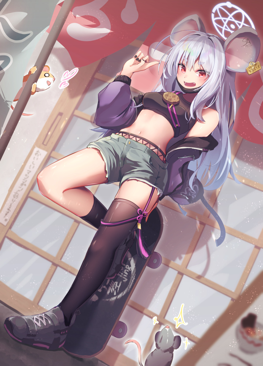 absurdres animal_ears asymmetrical_legwear black_mask black_thighhighs blue_archive casual commentary_request crop_top denim denim_shorts ear_tag grey_footwear grey_hair highres jacket jewelry kry_oekk mask midriff mouse mouse_ears mouse_girl mouse_tail mouth_mask navel purple_jacket red_eyes saya_(blue_archive) saya_(casual)_(blue_archive) shoes short_eyebrows short_shorts shorts skateboard sneakers tail thighhighs uneven_legwear