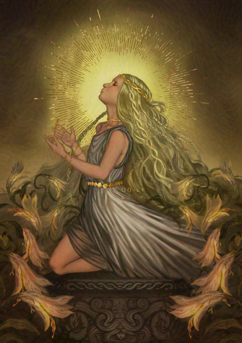 blonde_hair braid circlet closed_eyes diptych elden_ring flower gold_belt gold_bracelet gold_choker gold_needle halo head_tilt highres holding holding_needle kneeling lily_(flower) long_hair miquella_(elden_ring) multiple_braids needle odilelavdor robe sleeveless_tunic very_long_hair white_robe yellow_background