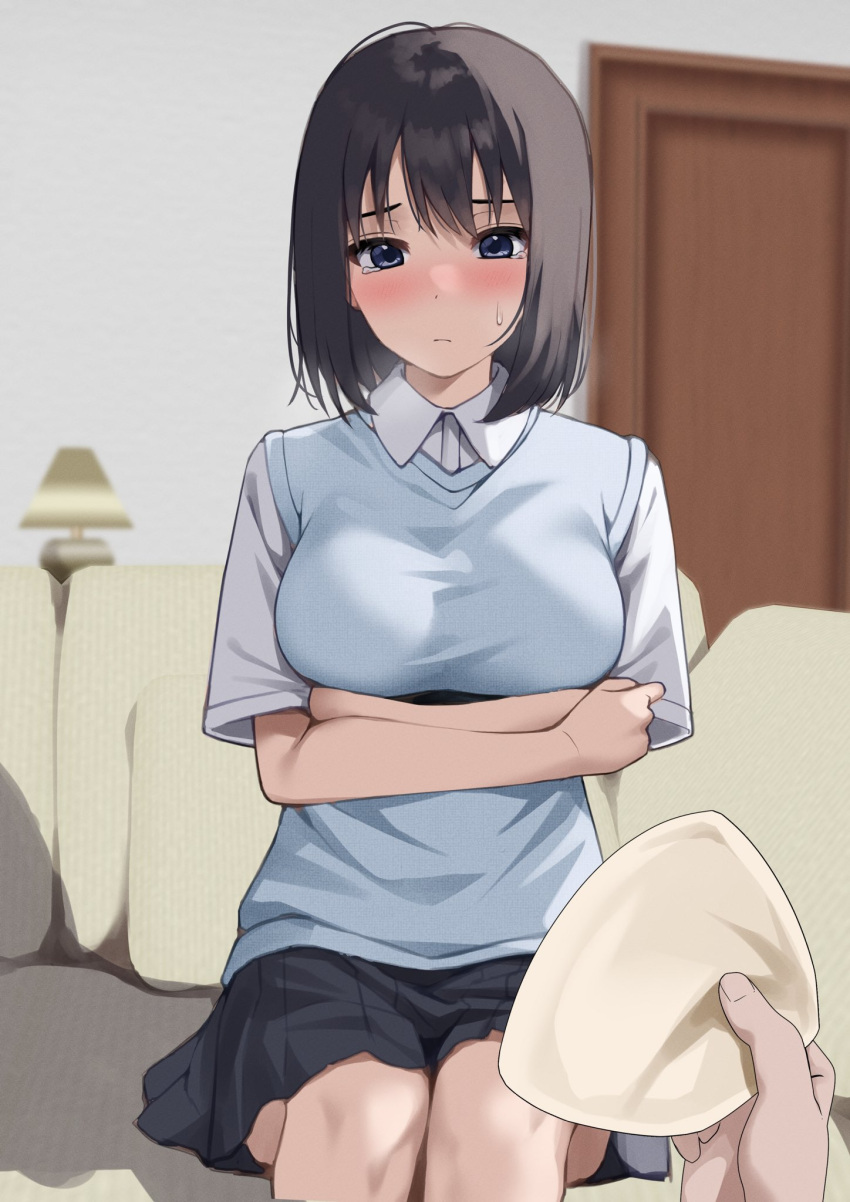 1girl asymmetrical_breasts black_skirt blue_eyes blue_sweater_vest blush breast_conscious breast_padding breasts closed_mouth collared_shirt couch crossed_arms door hair_between_eyes highres holding indoors kiona_(giraffe_kiona) lamp medium_breasts medium_hair on_couch original pillow pleated_skirt pov shirt short_sleeves sitting skirt sweatdrop sweater_vest tearing_up white_shirt