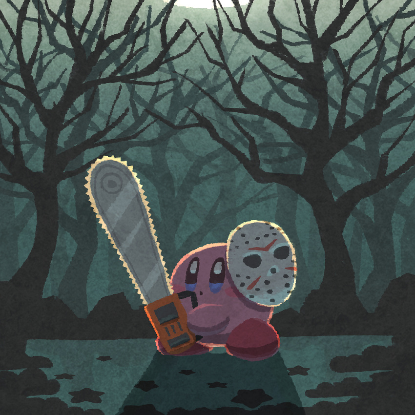 bare_tree chainsaw commentary_request hockey_mask holding holding_chainsaw kirby kirby_(series) mask miclot moon night no_humans outdoors shadow solo tree