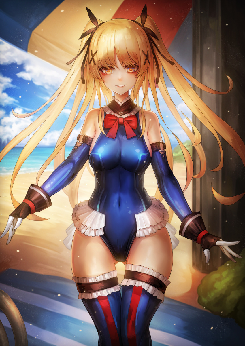 1girl absurdres ass_visible_through_thighs bare_shoulders beach black_gloves black_ribbon blonde_hair blue_eyes blue_one-piece_swimsuit blue_sleeves blue_thighhighs bow bowtie breasts covered_navel dead_or_alive detached_sleeves frilled_one-piece_swimsuit frilled_thighhighs frills gloves hair_ornament hair_ribbon highleg highleg_swimsuit highres impossible_clothes impossible_swimsuit long_hair looking_at_viewer marie_rose marie_rose_(devilish_servant_against_the_splashing_waves) one-piece_swimsuit outdoors parted_lips red_bow red_bowtie ribbon small_breasts smile swimsuit thighhighs twintails x_hair_ornament ziteng_yue