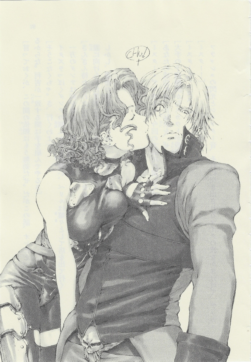 1boy 1girl absurdres beryl_(devil_may_cry) black_gloves breasts closed_eyes coat confused dante_(devil_may_cry) devil_may_cry_(series) devil_may_cry_2_(novel) fingerless_gloves gloves hand_on_another's_chest highres kiss kissing_cheek kosumi_yuuchi medium_breasts monochrome non-web_source official_art raised_eyebrow scan short_hair simple_background skull_belt wavy_hair