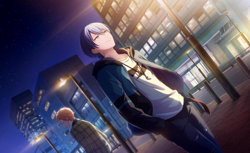 2boys aoyagi_touya awakening_beat_(project_sekai) blonde_hair blue_hair building closed_eyes closed_mouth colorful_palette dark_blue_hair dot_nose earrings grey_eyes hands_in_pockets highres hood hood_down hooded_jacket jacket jewelry lamppost long_sleeves looking_up male_focus mole mole_under_eye multicolored_hair multiple_boys necklace official_art open_clothes open_jacket orange_hair outdoors pants project_sekai shinonome_akito smile split_mouth streaked_hair third-party_source torn_clothes torn_pants two-tone_hair upper_body window zipper
