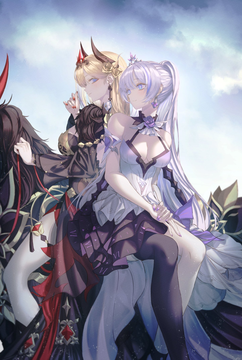 2girls animal bare_shoulders bianka_durandal_ataegina bianka_durandal_ataegina_(palatinus_equinox) blonde_hair blue_eyes breasts cleavage closed_mouth dress earrings flower highres honkai_(series) honkai_impact_3rd horse jewelry kiana_kaslana kiana_kaslana_(herrscher_of_flamescion) krishna_(honkai_impact) looking_at_another multicolored_hair multiple_girls nail_polish neon_(pixiv_31150749) official_alternate_costume on_animal purple_flower purple_nails red_nails roman_numeral siblings single_thighhigh sisters sitting smile streaked_hair thighhighs white_dress white_thighhighs