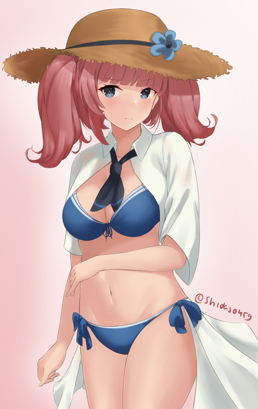 1girl atlanta_(kancolle) bikini blue_bikini brown_hair brown_headwear closed_mouth cosplay cowboy_shot grey_eyes groin hat highres kantai_collection long_hair looking_at_viewer navel shidas0459 shigure_(kancolle) shigure_kai_san_(kancolle) shigure_kai_san_(kancolle)_(cosplay) solo straw_hat swimsuit twitter_username two_side_up