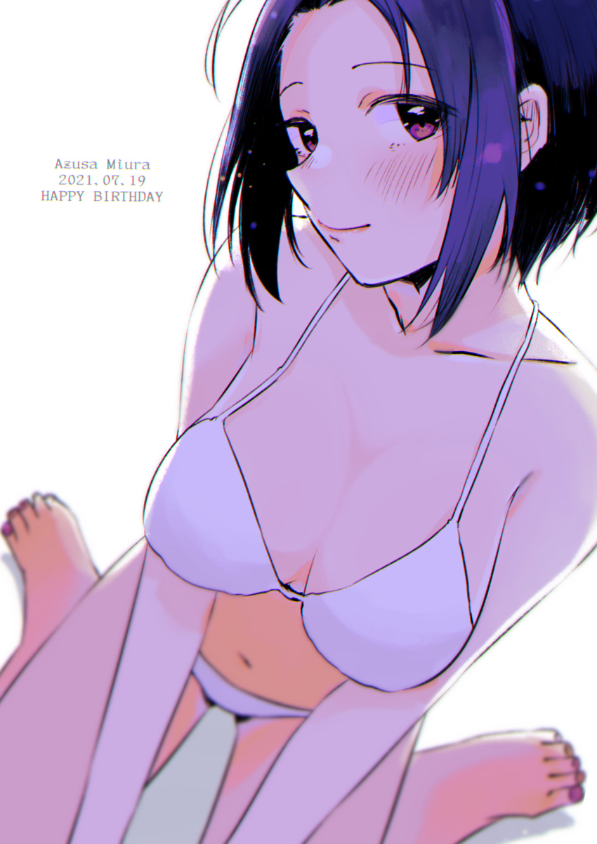 1girl ahoge arms_between_legs bare_shoulders barefoot bikini blue_hair blurry blush breasts character_name cleavage closed_mouth collarbone from_above happy_birthday highres idolmaster idolmaster_(classic) idolmaster_million_live! idolmaster_million_live!_theater_days large_breasts looking_at_viewer miura_azusa nail_polish navel pink_nails red_eyes short_hair simple_background sitting smile solo swimsuit toenail_polish toenails wariza white_background white_bikini yokoya_inori