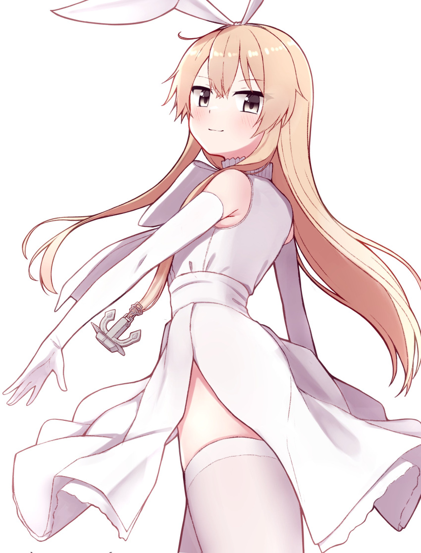 1girl absurdres blonde_hair blush closed_mouth cowboy_shot dress elbow_gloves gloves hair_between_eyes highres kantai_collection light_smile long_hair official_alternate_costume shimakaze_(kancolle) simple_background sleeveless sleeveless_dress solo thighhighs tiemu_(man190) white_background white_dress white_thighhighs yellow_eyes