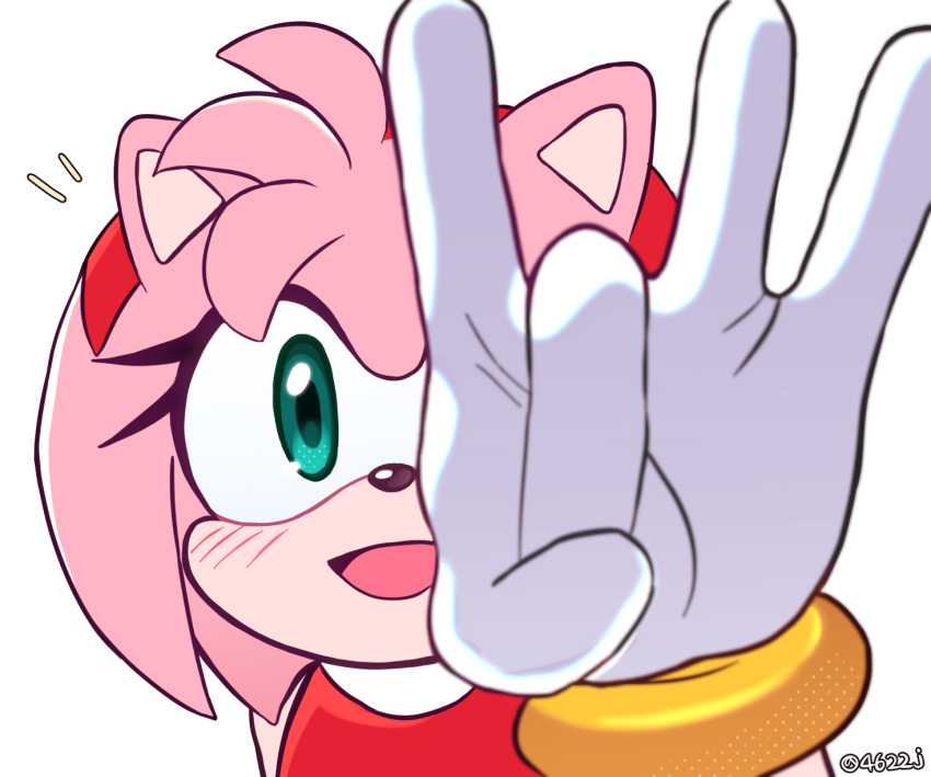 1girl amy_rose blush flick furry furry_female gloves green_eyes highres hobi_(4622j) looking_at_viewer open_mouth simple_background smile solo sonic_(series) twitter_username upper_body white_background white_gloves