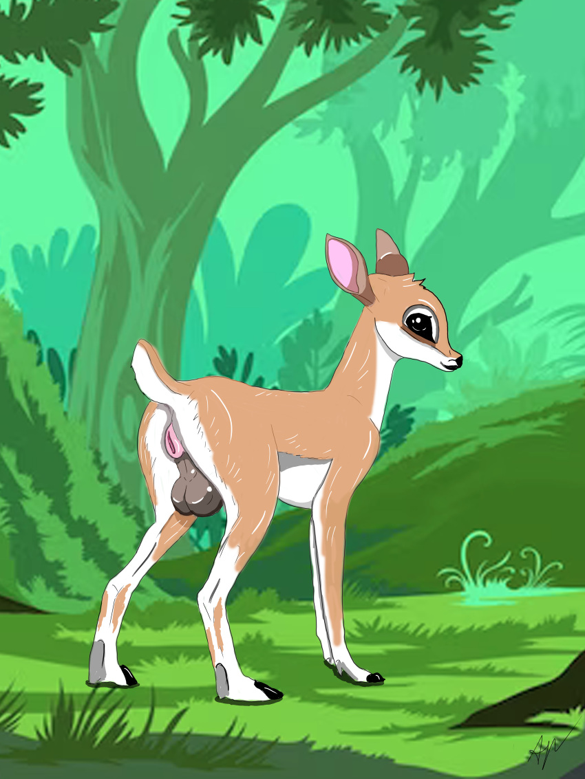 3:4 absurd_res anthro balls bambi bambi_(film) deer disney female forest forest_background genitals hi_res male mammal nature nature_background plant smile solo tree