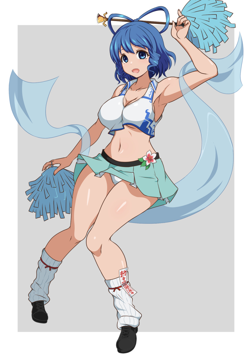 1girl 86-shiki aqua_skirt arm_up black_footwear blue_eyes blue_hair breasts cheerleader chisel commentary_request crop_top drill_hair drill_sidelocks full_body grey_background hair_ornament hair_ribbon hair_stick highres holding holding_pom_poms kaku_seiga large_breasts looking_at_viewer navel ofuda open_mouth panties pom_pom_(cheerleading) ribbon shawl shirt short_hair short_sleeves sidelocks simple_background skirt socks solo touhou underwear variant_set white_panties white_shirt white_socks