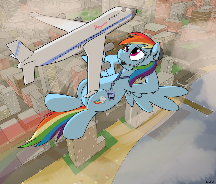 2015 aircraft airplane blue_body building city equid equine female feral friendship_is_magic hasbro headgear headphones headset macro mammal mane microphone mouth_closed multicolored_mane my_little_pony outside pegasus purple_eyes rainbow_dash_(mlp) rainbow_mane rainbow_trail rapidstrike wings