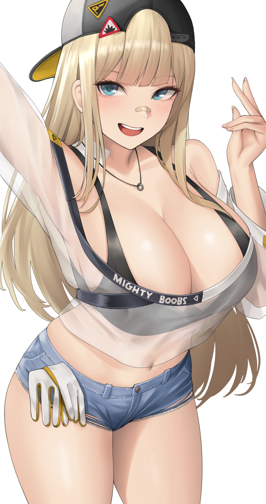 1girl :d absurdres arm_up bandaid bandaid_on_face bandaid_on_nose bare_shoulders black_sports_bra blonde_hair blue_eyes blue_shorts blush breasts centi_(nikke) centi_(supreme_holiday)_(nikke) cleavage denim denim_shorts gloves goddess_of_victory:_nikke hat highres kurone_rinka long_hair looking_at_viewer navel see-through shirt short_shorts shorts smile solo sports_bra teeth thighs upper_teeth_only white_shirt