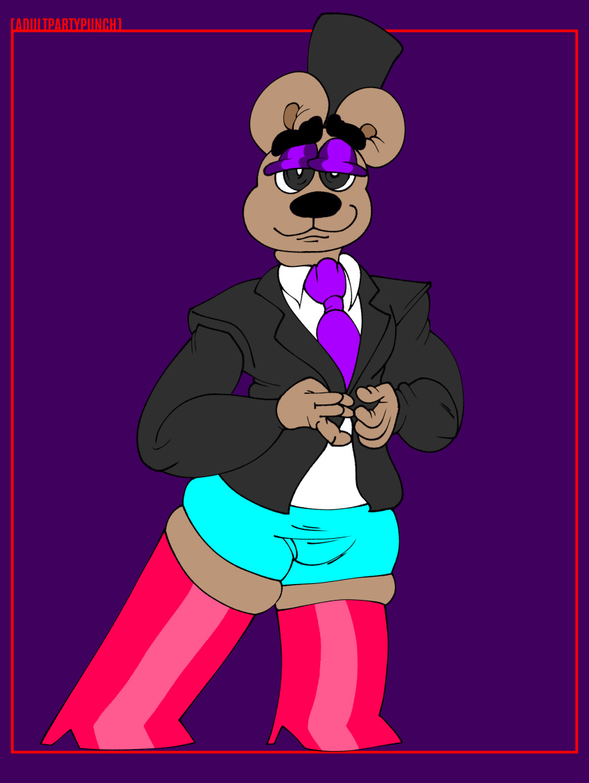 absurd_res adultpartypunch anthro bear bottomwear brown_body brown_fur bulge clothing feminization five_nights_at_freddy's freddy_(fnaf) fur girly glistening glistening_clothing hat headgear headwear hi_res male male_focus mammal scottgames simple_background solo suit toony top_hat underwear