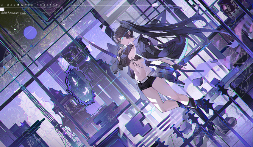 1girl absurdres ahoge aqua_eyes belt black_bra black_gloves black_hair black_jacket black_rock_shooter black_rock_shooter_(character) black_shorts black_socks bra breasts bug butterfly chinese_commentary commentary_request copyright_name dutch_angle fingerless_gloves full_body gloves hand_up high_heels highres holding holding_sword holding_weapon jacket jacket_on_shoulders krao long_hair looking_at_viewer navel open_clothes open_jacket short_shorts shorts small_breasts socks solo standing sword twintails underwear very_long_hair weapon white_belt white_butterfly