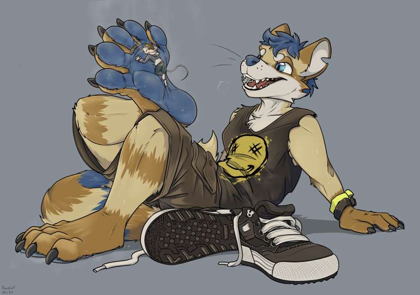 anthro barefoot dominant dominant_male duo fandroit feet hi_res insole larger_male male male/male male_feet micro pawpads paws relaxing shoes_removed size_difference smaller_male smelly smelly_feet smelly_paws smile soles steam steamy_feet stuck_to_foot tied_to_foot toes trapped