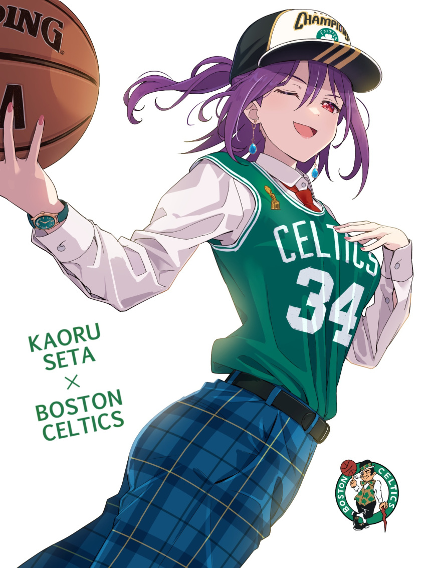 1girl :d ball bang_dream! basketball basketball_(object) basketball_jersey basketball_uniform boston_celtics hair_between_eyes highres holding logo long_hair looking_at_viewer national_basketball_association one_eye_closed open_mouth paul_pierce purple_hair red_eyes seta_kaoru smile sportswear yazawa_happyaro