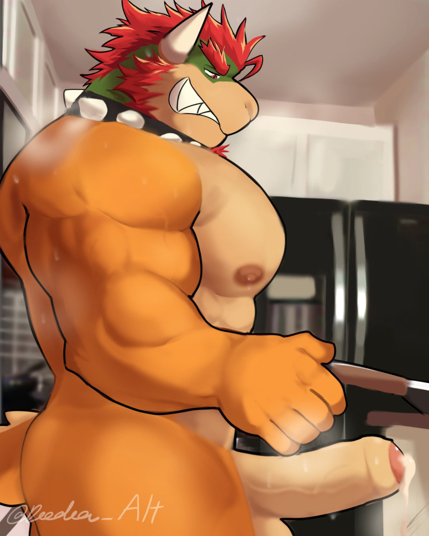 2023 anthro barazoku beard biceps big_muscles bodily_fluids bowser clothed clothing collar cooking cookware deedea deltoids erection eyebrows facial_hair frying_pan genital_fluids genitals hair hi_res horn huge_muscles humanoid_genitalia humanoid_penis inside kitchen kitchen_utensils koopa male mario_bros muscular muscular_anthro muscular_male musk narrowed_eyes nintendo nipples non-mammal_nipples nude pecs penis precum scalie side_view smile solo spiked_collar spikes standing sweat teeth text thick_thighs tools triceps url