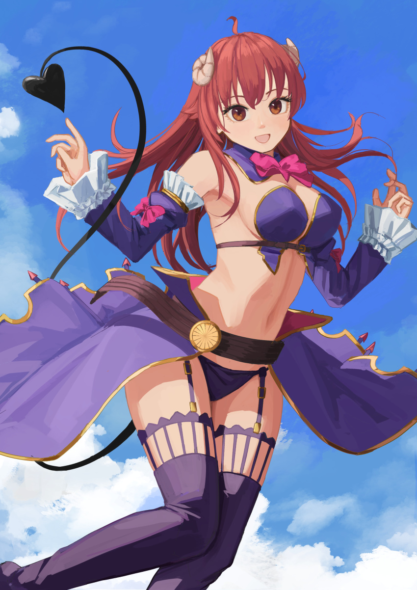 1girl :d absurdres ahoge bow breasts brown_eyes brown_hair cloud curled_horns day demon_girl demon_horns demon_tail detached_sleeves floating garter_straps highres horns long_hair machikado_mazoku medium_breasts midair navel nemo_ringo open_mouth outdoors panties pink_bow smile solo tail thighhighs underwear yoshida_yuuko_(machikado_mazoku)