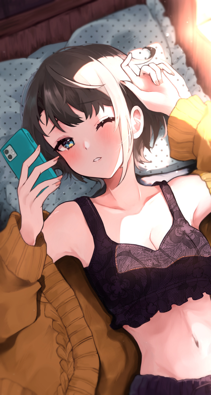 1girl absurdres black_hair blue_eyes blush breasts cleavage collarbone commentary_request from_above half-closed_eye highres holding holding_phone hololive indoors lingerie long_sleeves mashiro_io navel on_bed one_eye_closed oozora_subaru parted_lips phone pillow short_hair solo stomach underwear virtual_youtuber waking_up