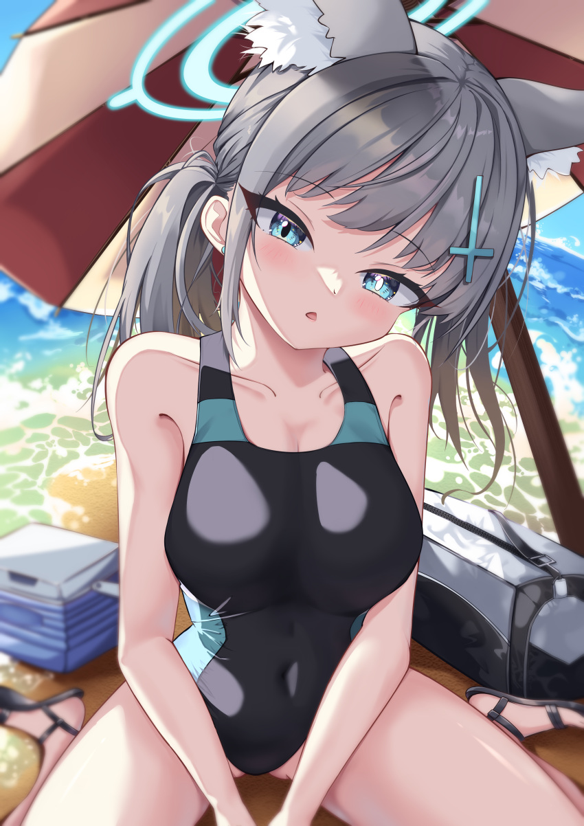 1girl absurdres animal_ear_fluff animal_ears beach black_one-piece_swimsuit blue_archive blue_eyes blue_sky breasts chinese_commentary cloud commentary_request competition_swimsuit covered_navel cross_hair_ornament day extra_ears grey_hair hair_ornament halo head_tilt highres horizon looking_at_viewer low_ponytail medium_breasts medium_hair mismatched_pupils multicolored_clothes multicolored_swimsuit ocean official_alternate_costume one-piece_swimsuit outdoors sandals shiroko_(blue_archive) shiroko_(swimsuit)_(blue_archive) sitting sky solo swimsuit wariza water white_background wolf_ears yosune
