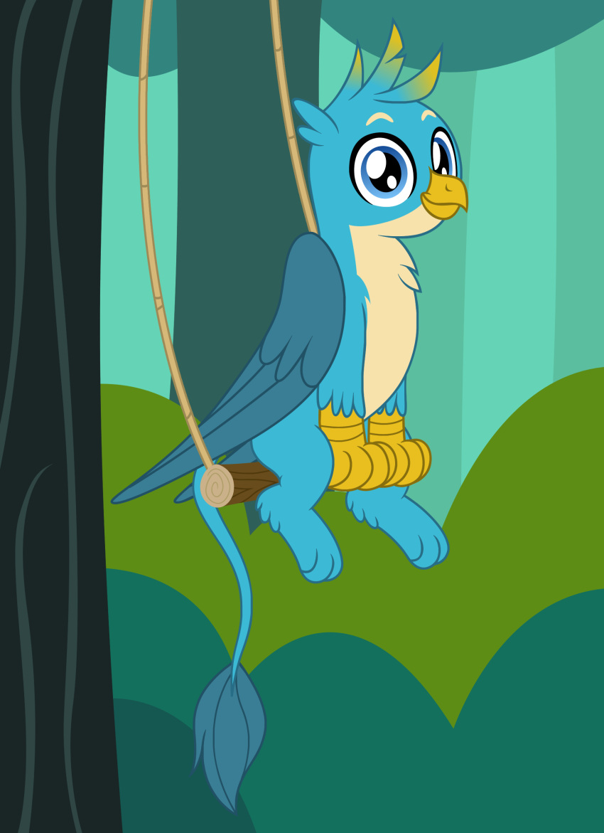 absurd_res avian badumsquish blue_body blue_eyes blue_fur friendship_is_magic fur gallus_(mlp) gryphon hasbro hi_res looking_at_viewer male my_little_pony mythological_avian mythology outside plant sitting smile solo swing talons tree wings yellow_body yellow_fur