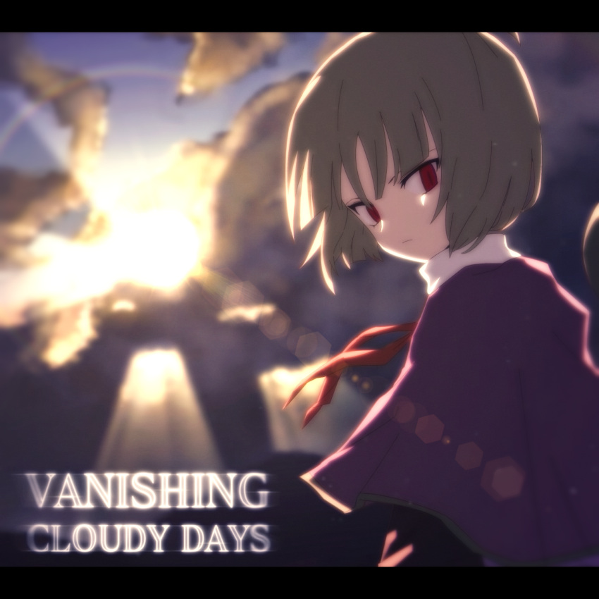 1other adagumo_no_saragimaru album_cover androgynous atoymk capelet closed_mouth cloud cloudy_sky cover english_text film_grain green_hair green_trim highres len'en letterboxed neck_ribbon other_focus purple_capelet red_eyes red_ribbon ribbon shirt short_hair sky slit_pupils solo white_shirt