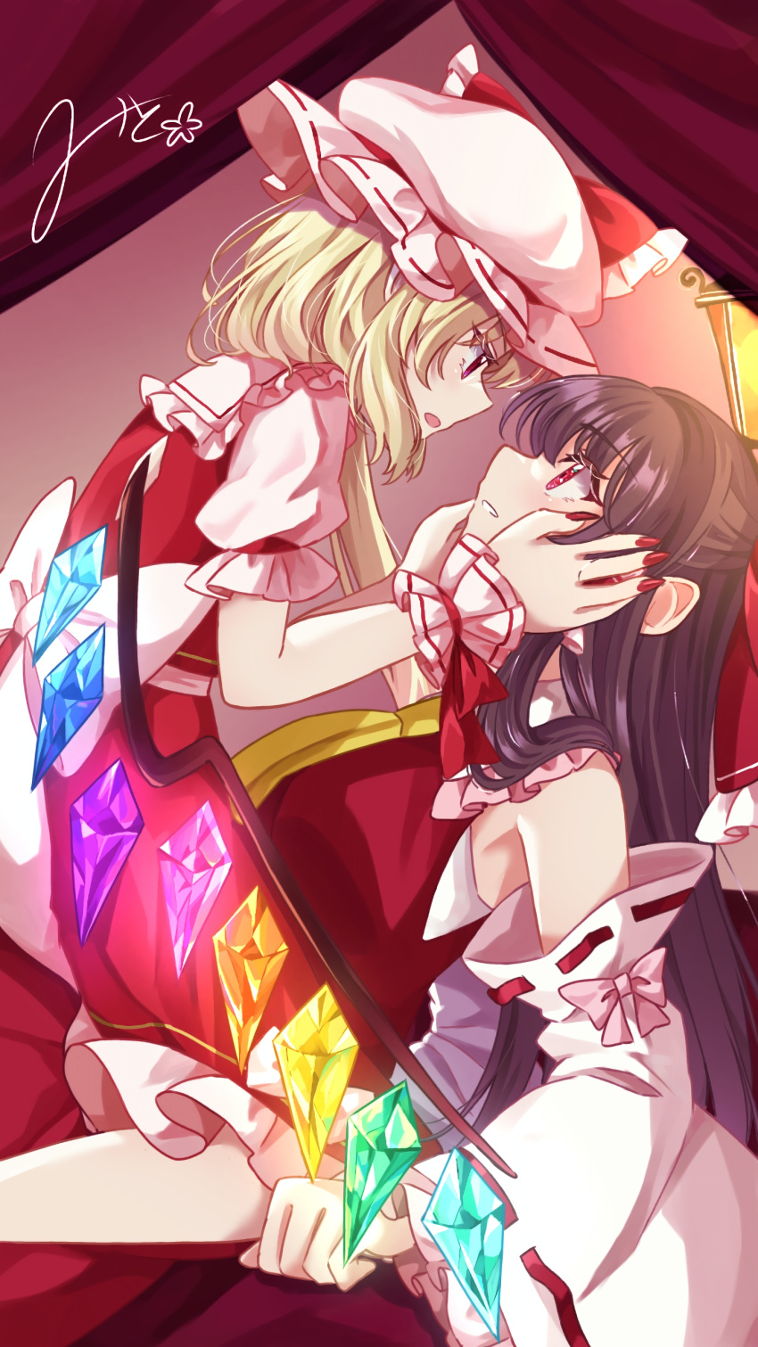 2girls absurdres ascot black_hair blonde_hair bow clenched_hand commentary_request crystal detached_sleeves eye_contact flandre_scarlet frilled_bow frilled_hair_tubes frills girl_on_top hair_bow hair_tubes hakurei_reimu hands_on_another's_face hat hat_bow highres long_hair looking_at_another mito_(fate) mob_cap multicolored_wings multiple_girls open_mouth puffy_short_sleeves puffy_sleeves red_bow red_eyes red_nails red_skirt red_vest ribbon-trimmed_sleeves ribbon_trim riding short_sleeves signature skirt skirt_set touhou vest white_headwear wings wrist_cuffs yellow_ascot