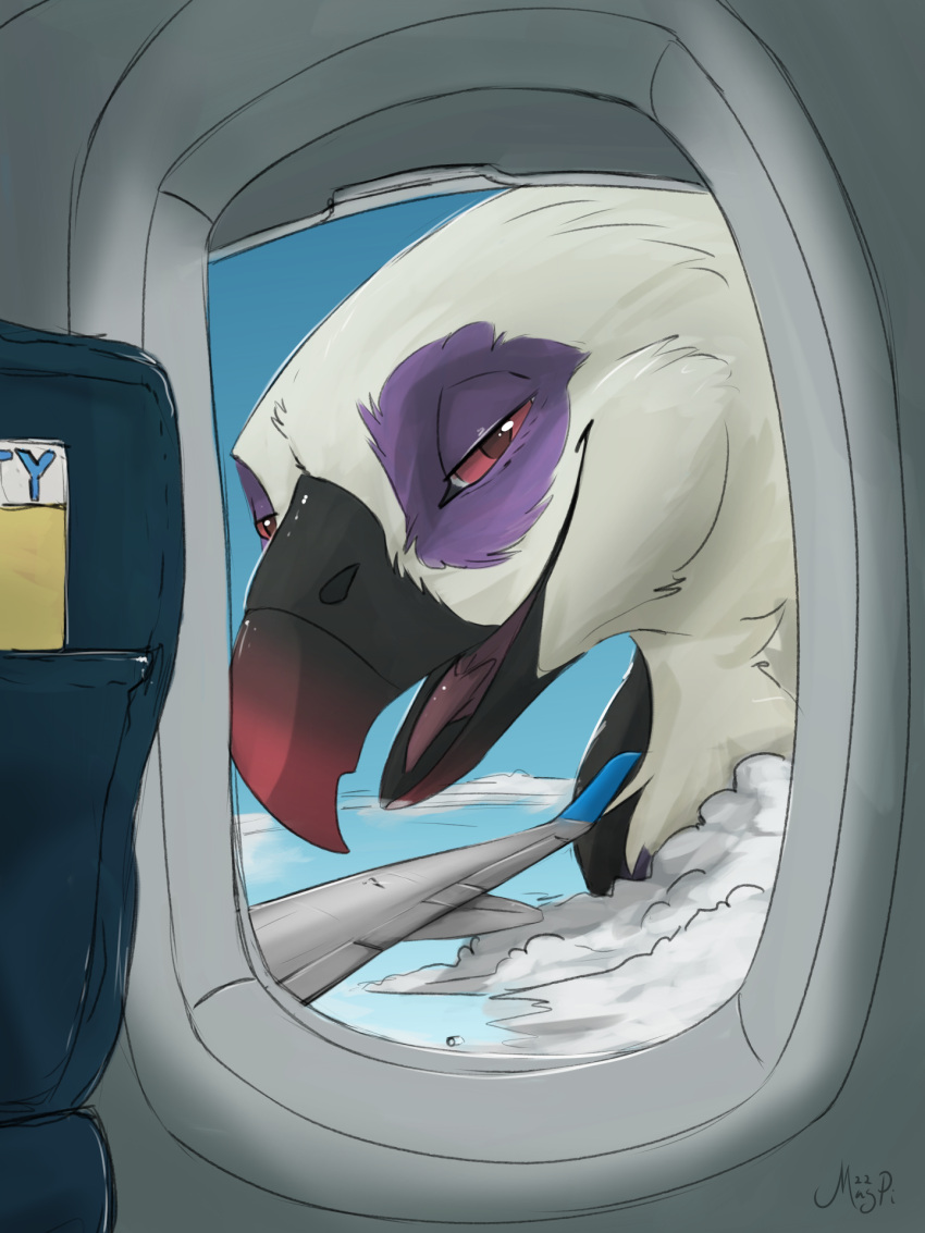 2023 3:4 accipitrid accipitriform aircraft airplane avian bantyr bird eagle feathers hi_res inside_airplane looking_at_viewer looking_out_window macro magpi male mega open_mouth red_eyes solo tongue white_body white_feathers