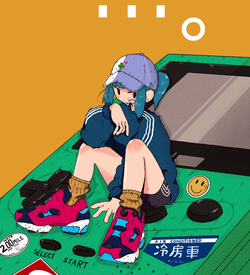 1girl bandaid bandaid_on_cheek bandaid_on_face baseball_cap between_legs black_eyes black_shorts closed_mouth clover commentary four-leaf_clover full_body game_boy grey_hair grey_sweater hand_between_legs hand_up handheld_game_console hat highres knees_up long_sleeves looking_at_viewer nao97122 original pink_footwear ponytail shoes shorts sidelocks simple_background sitting sneakers socks solo sticker streetwear sweater symbol-only_commentary triple_vertical_stripe white_headwear yellow_background yellow_socks