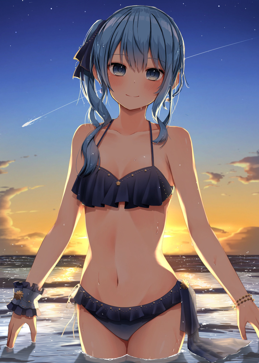 1girl absurdres bare_arms bare_shoulders bikini blue_bikini blue_eyes blue_hair blue_ribbon blush bracelet breasts closed_mouth cloud comet cowboy_shot hair_ribbon highres hololive hoshimachi_suisei jewelry long_hair looking_at_viewer navel outdoors pepushi_drow revision ribbon side_ponytail sky small_breasts smile solo standing star_(sky) star_(symbol) stomach sunset swimsuit teeth upper_teeth_only virtual_youtuber water wet wrist_cuffs