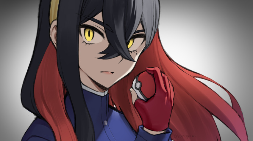 1girl black_hair blue_jacket buttons carmine_(pokemon) closed_mouth commentary_request crossed_bangs eyelashes gloves hair_between_eyes hairband hand_up highres holding holding_poke_ball jacket long_hair long_sleeves looking_at_viewer partially_fingerless_gloves poke_ball poke_ball_(basic) pokemon pokemon_(game) pokemon_sv red_gloves solo yellow_eyes yellow_hairband yorugami_rei
