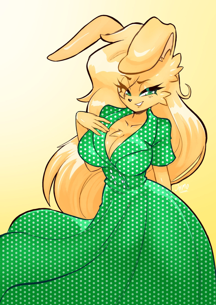 2023 absurd_res anthro big_breasts blonde_hair breasts cleavage clothed clothing dress eye_through_hair female fur green_clothing green_dress green_eyes hair half-closed_eyes hi_res jamoart katie_(jamoart) lagomorph leporid long_hair looking_at_viewer mammal narrowed_eyes polka_dot_dress polka_dots rabbit simple_background solo standing translucent translucent_hair yellow_background yellow_body yellow_fur